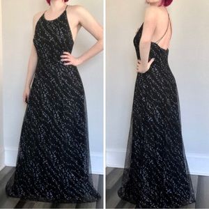 Vintage 90s Papell Evening High Neck Backless Mesh Overlay Glitter Dress